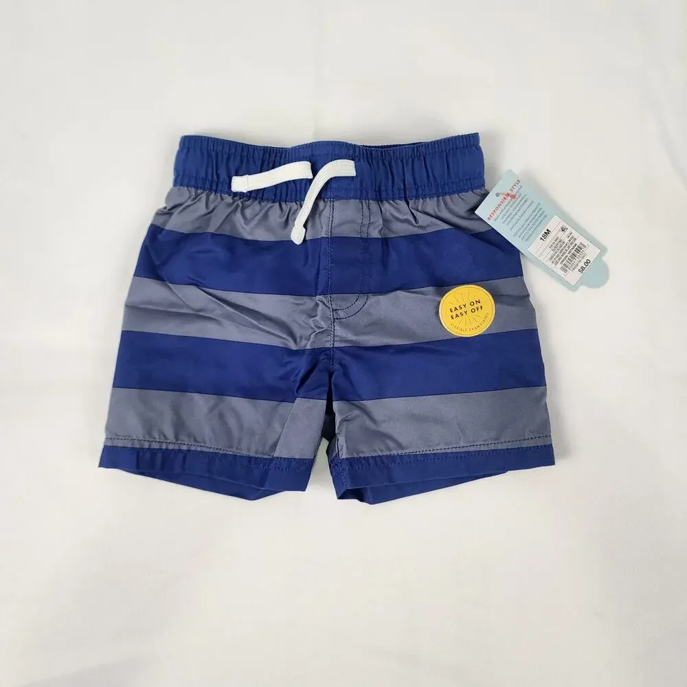 Cat & Jack Toddler Boys Gray Striped Swim Trunks Infant 18 Months UPF 50+